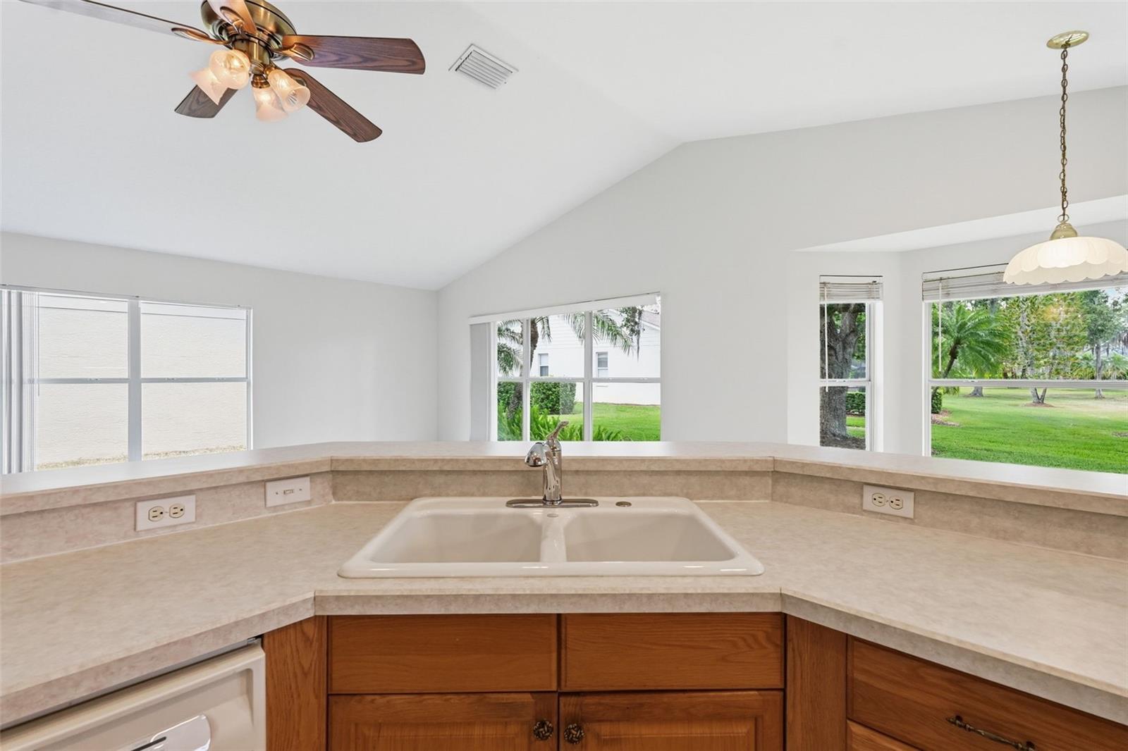 Bathroom vanity with a wide beige counter, white sink, wood cabinets, and windows overlooking a green lawn.