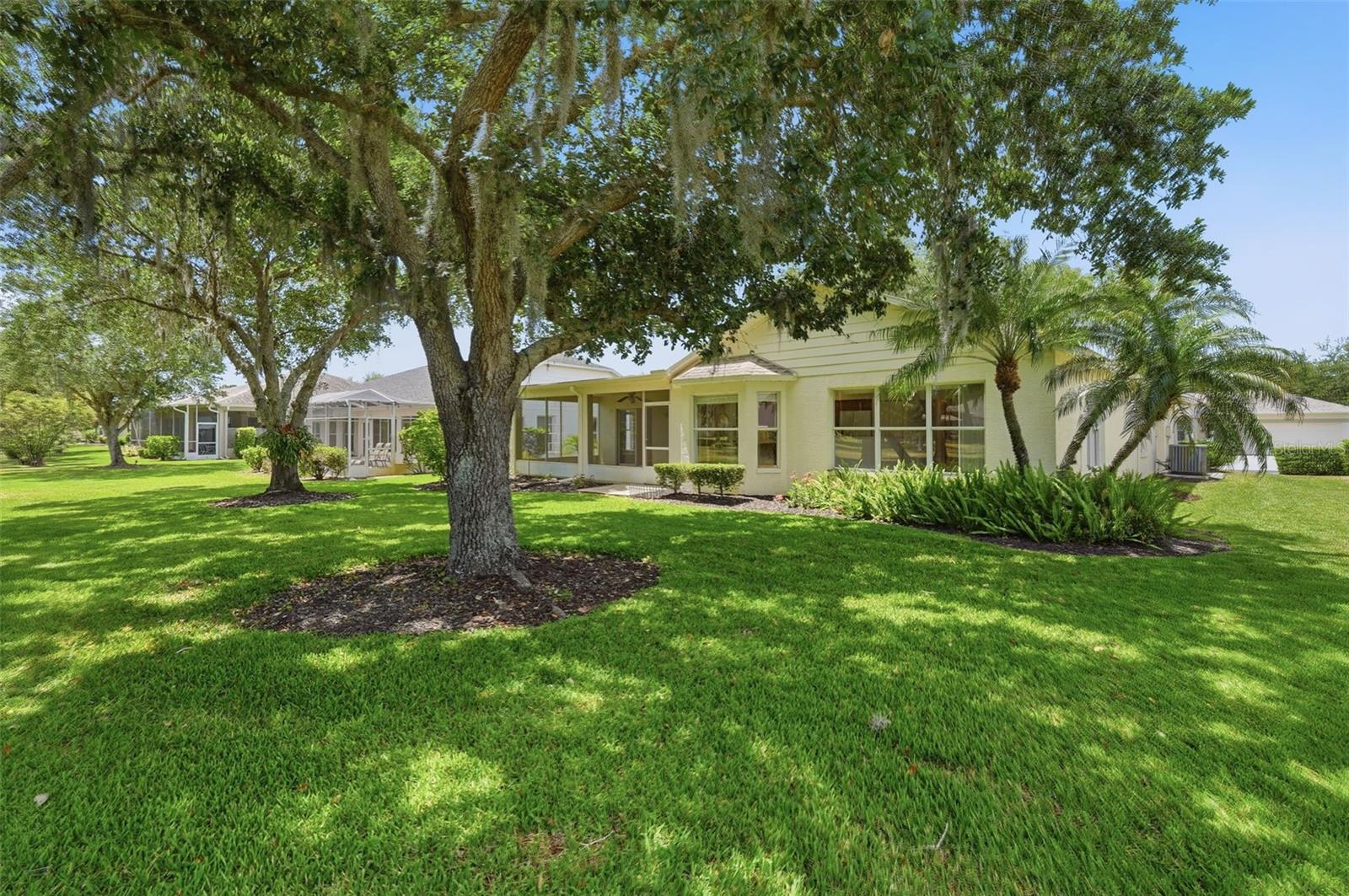 Rear of a pale yellow home with a screened lanai, palms, shade trees, and a broad lawn.