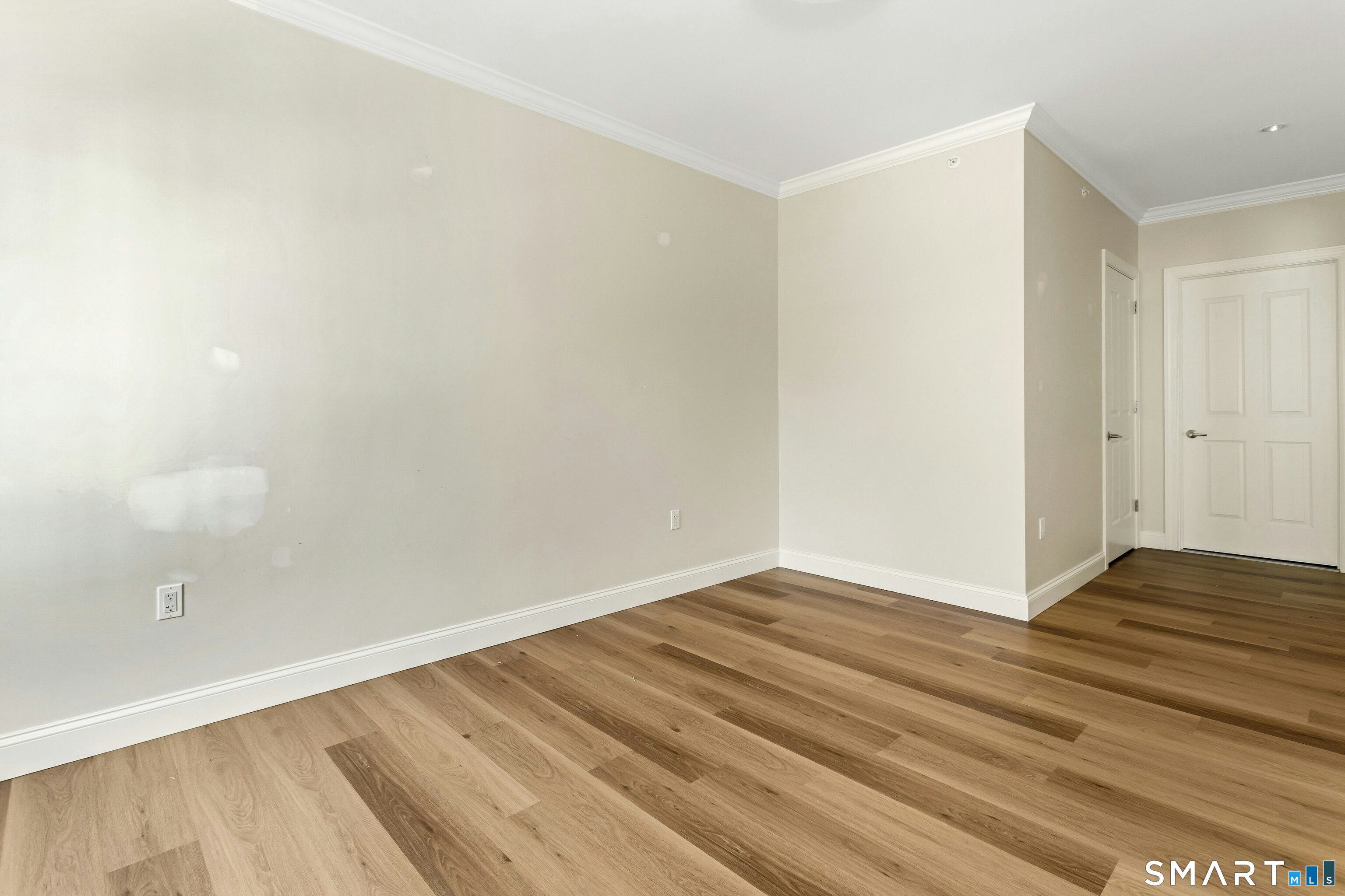 Empty room with wide-plank wood flooring, neutral walls, white trim, and two paneled doors.