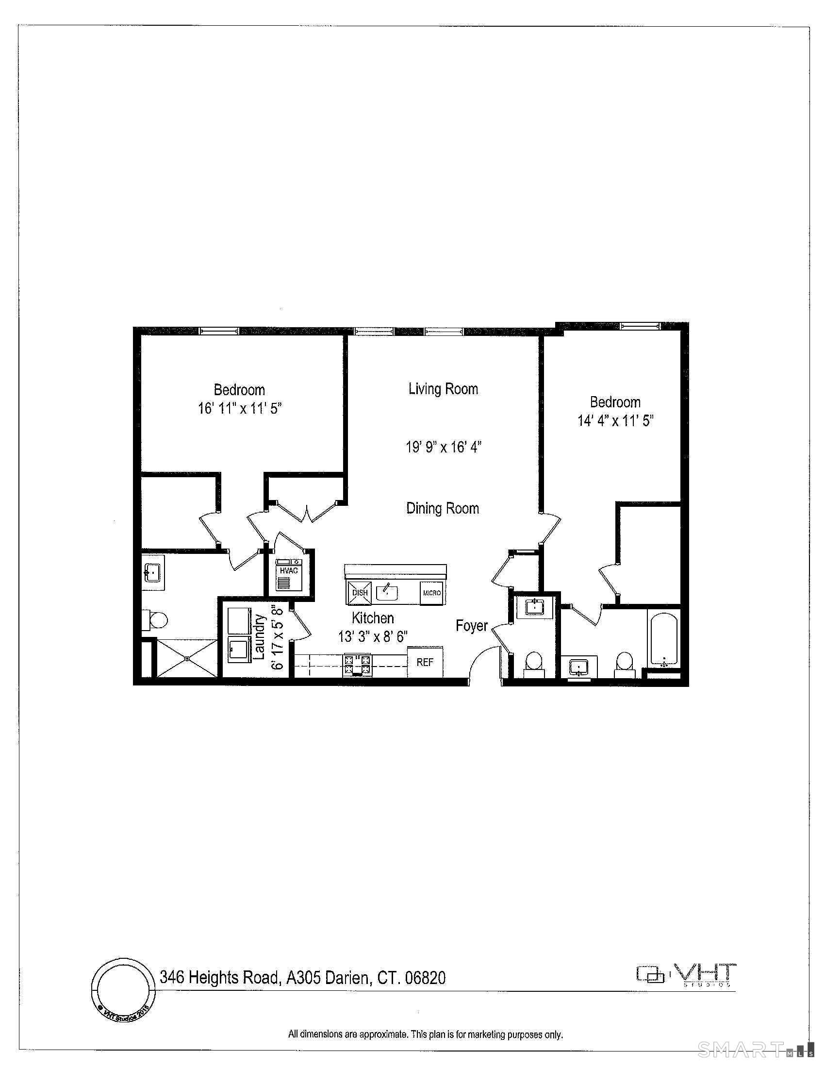 Floor plan showing two bedrooms, living and dining rooms, kitchen, foyer, laundry, and bathrooms.