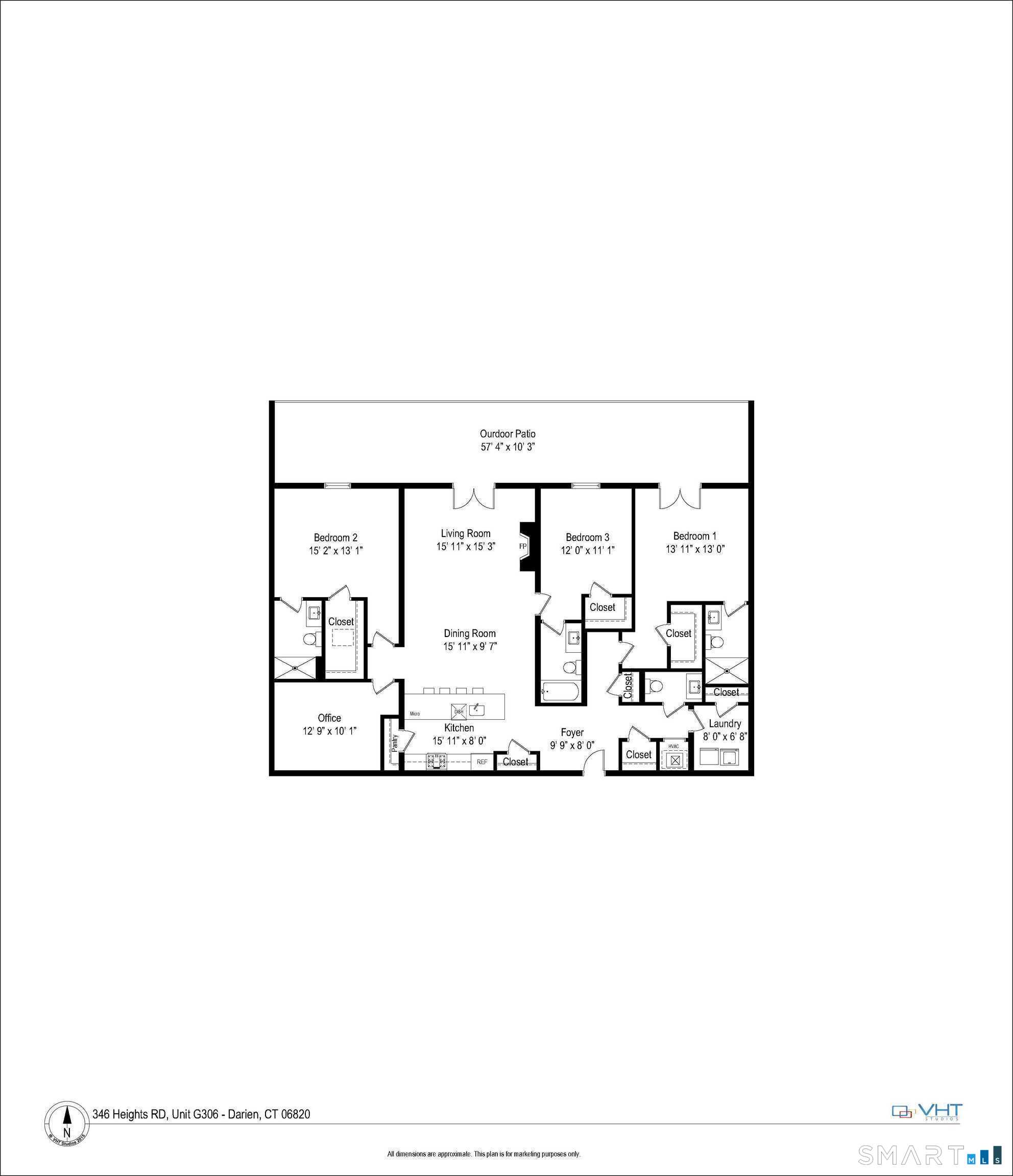 Condo floor plan showing three bedrooms, an office, open living and dining area, and a large outdoor patio.