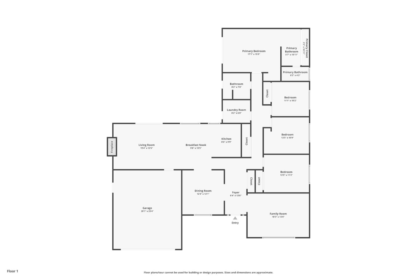 First-floor plan with four bedrooms, living and family rooms, kitchen, dining room, and garage.