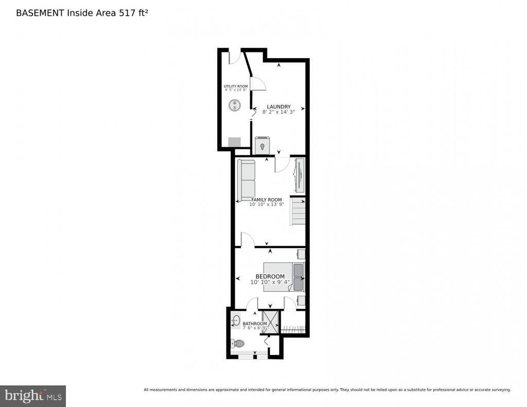Basement floor plan showing a bedroom, family room, laundry, utility room, and bathroom.