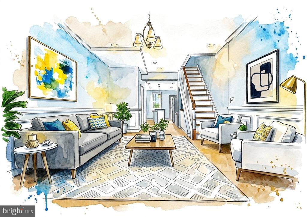 Illustrated living room with seating around a geometric rug and a staircase at the back.