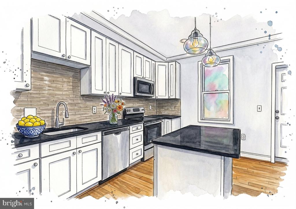 Illustrated kitchen with white cabinets, black counters, and a central island.