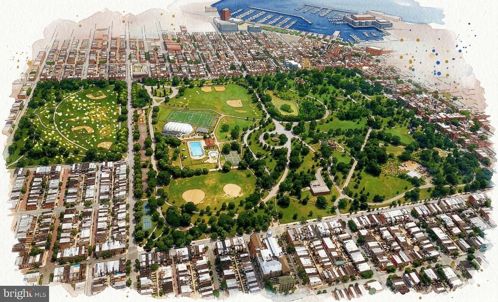 Illustrated aerial view of an urban park with sports fields, walking paths, and a waterfront marina.