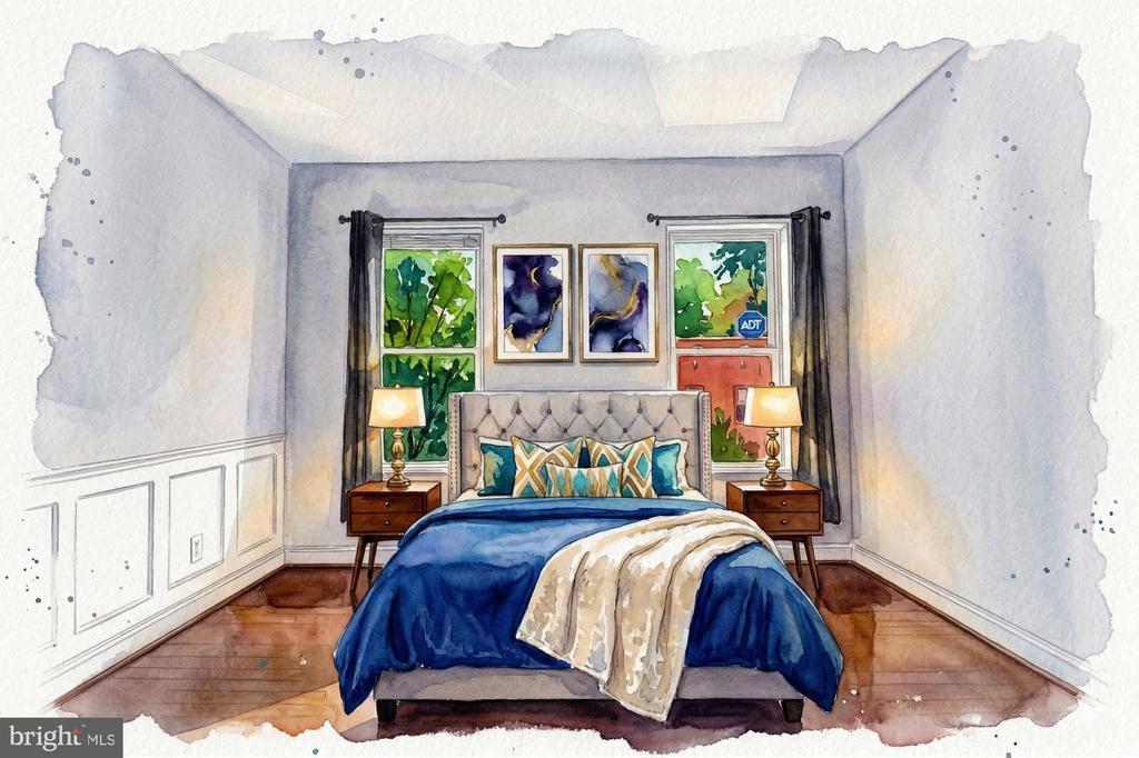Illustrated staged bedroom with blue bedding, a tufted headboard, and matching nightstands.