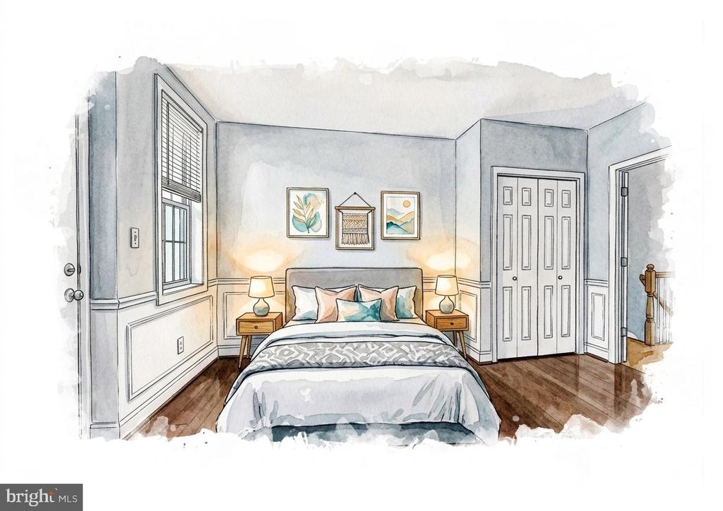 Illustrated bedroom with a centered bed, matching nightstands, and gray paneled walls.
