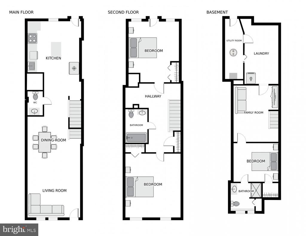 Three-level floor plan showing the main floor, second floor, and basement.
