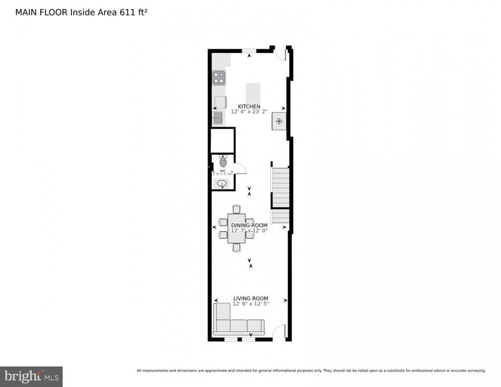 Main-floor plan showing the kitchen, dining room, WC, and living room in a 611-square-foot layout.