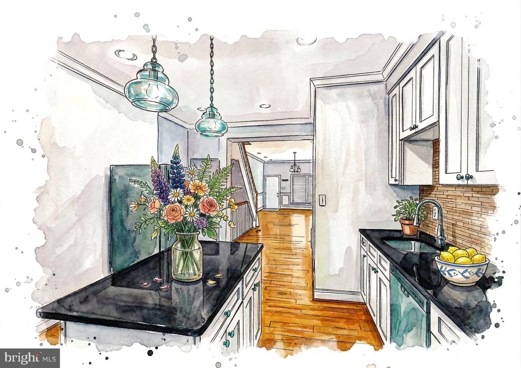 Kitchen illustration with black countertops, teal pendant lights, and warm wood floors.