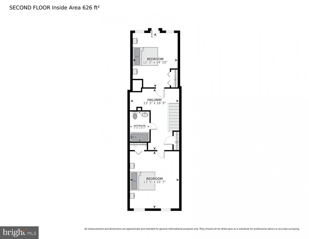 Second-floor plan showing two bedrooms, one bathroom, hallway, and stairs.