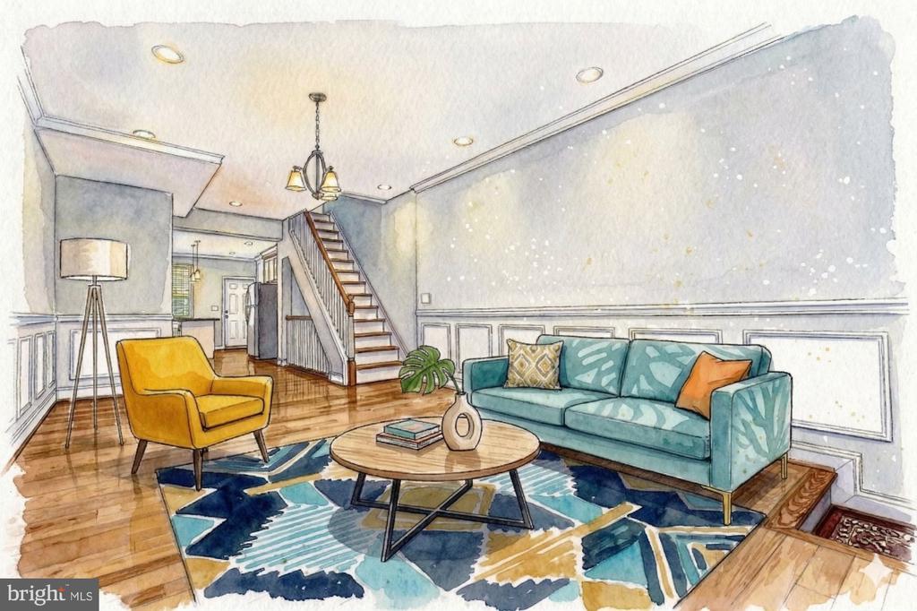 Illustrated living room with a teal sofa, mustard chair, patterned rug, and staircase.