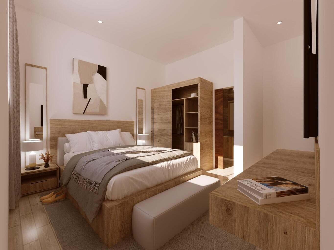 Penthouse bedroom with a wood platform bed, neutral bedding, built-in shelving, and a bench.