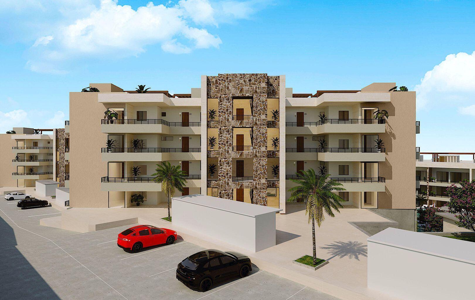 Apartment complex rendering with balconies, a central stone facade, palm trees, and a parking area.