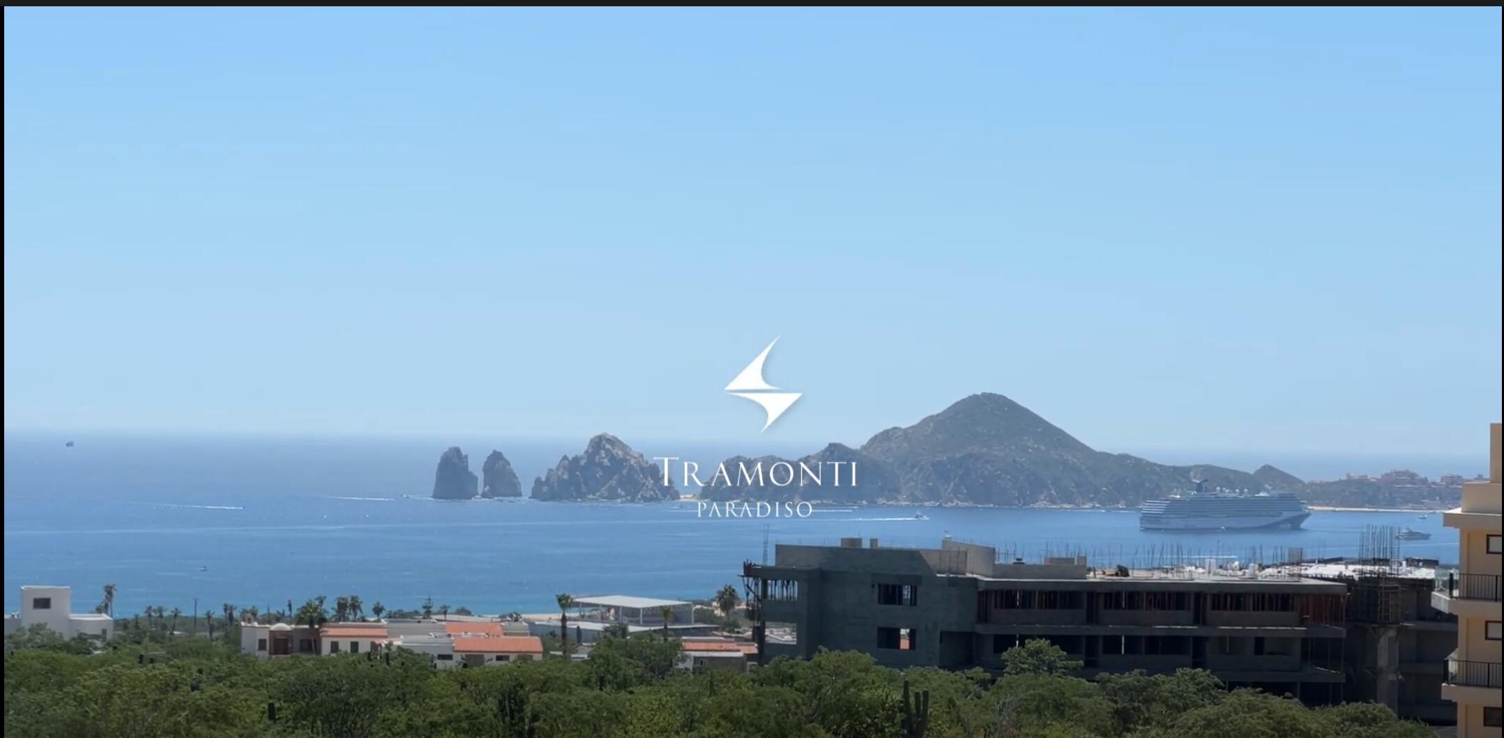Panoramic ocean and mountain view toward Cabo San Lucas, with a cruise ship in the bay.