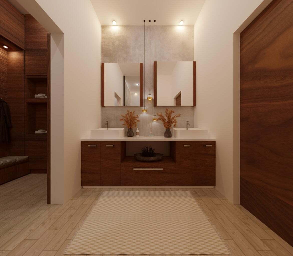 Penthouse bathroom with a double vanity, dark wood cabinetry, and three pendant lights.