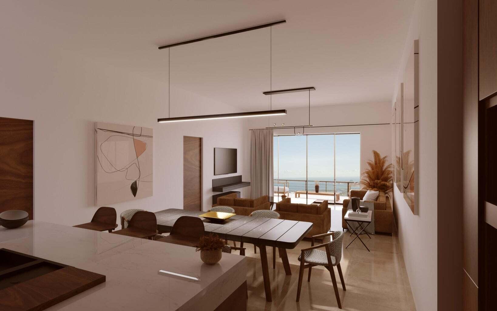 Open-plan penthouse living and dining area with a kitchen island and ocean view.