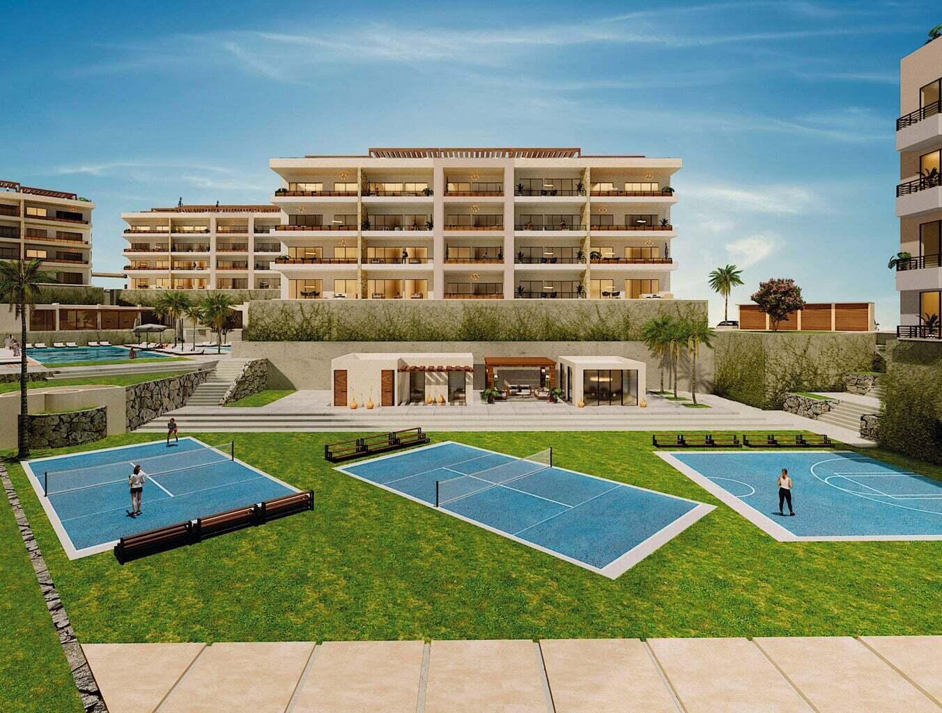 Tramonti Paradiso condominium complex with landscaped grounds, a pool, and tennis courts.