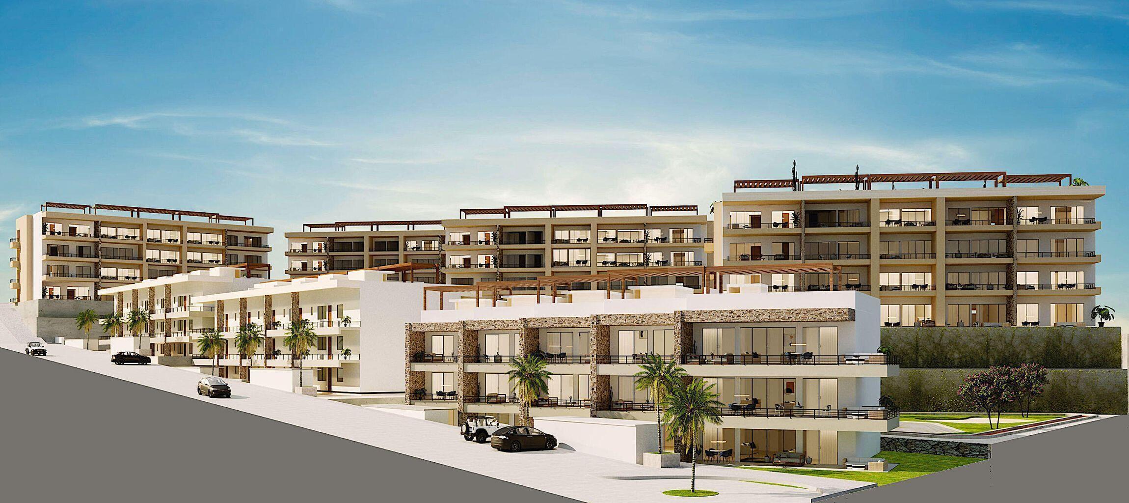 Rendering of a modern condominium complex with balconies, rooftop pergolas, palm trees, and landscaped grounds.
