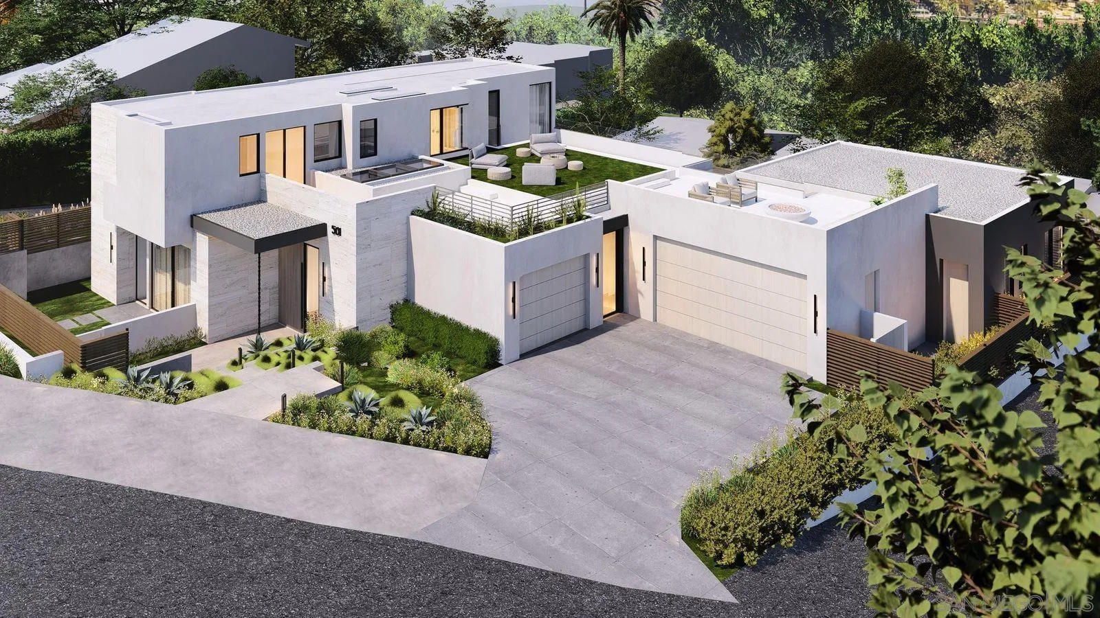 Modern white home with rooftop terrace, landscaped gardens, and a wide driveway.