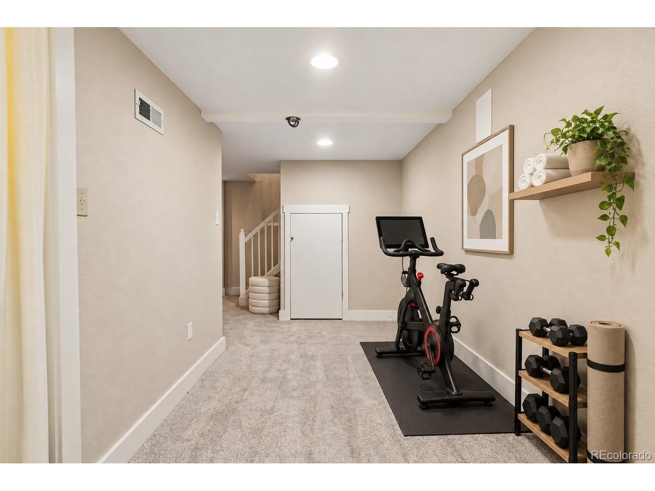 Home gym with an exercise bike, dumbbells, and a wall shelf holding towels and a trailing plant.