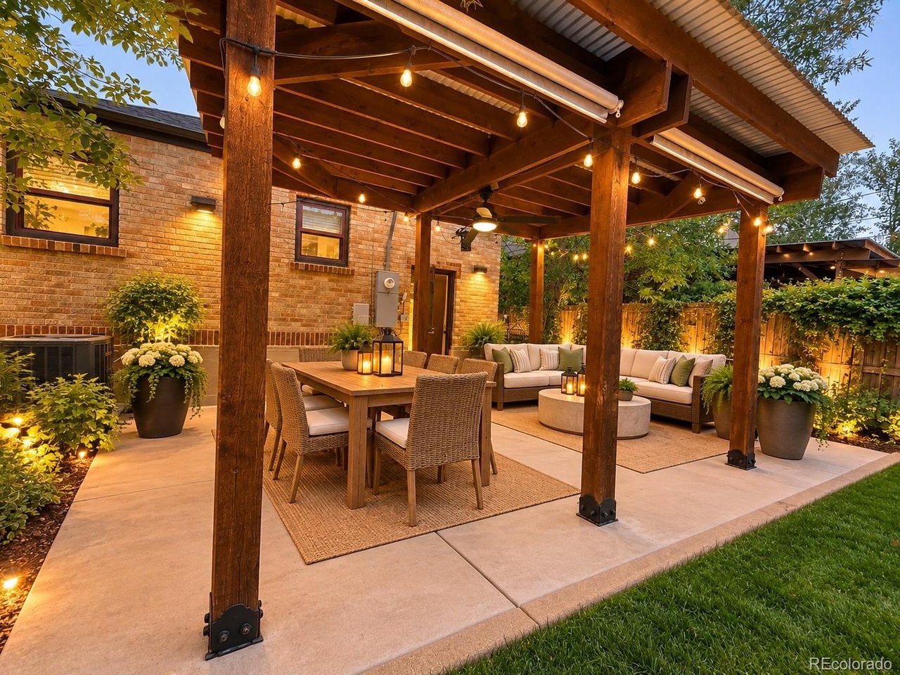 Backyard patio with a timber pergola, string lights, outdoor dining table, and cushioned seating.