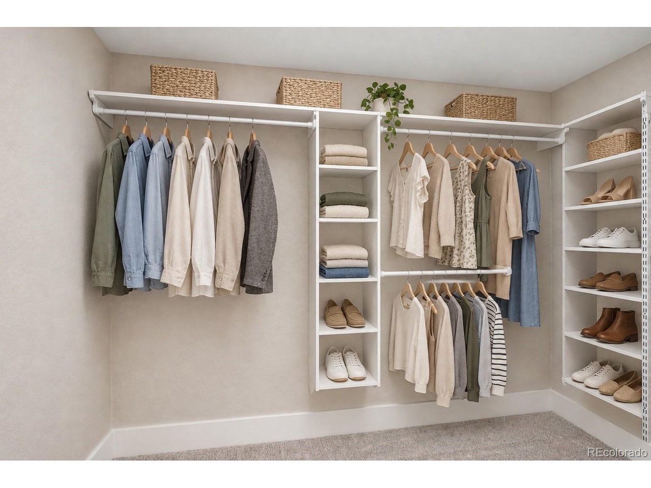 Walk-in closet with open shelving, neatly hung clothes, woven baskets, and rows of shoes.