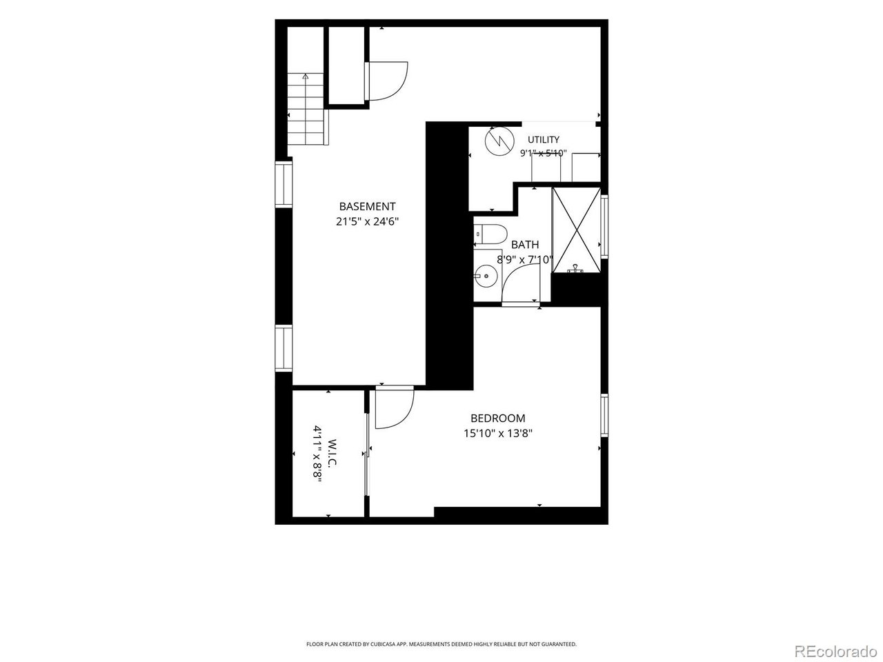 Basement floor plan with a bedroom, walk-in closet, bathroom, utility room, and labeled dimensions.