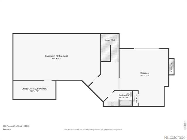 Basement floor plan showing an unfinished basement, bedroom, bathroom, utility closet, fireplace, and stairs.