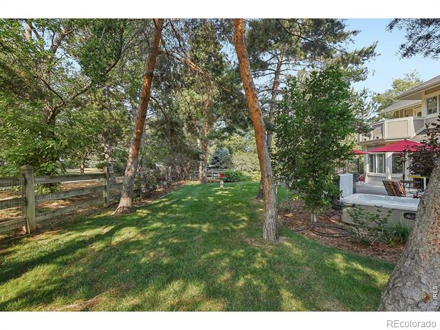 Backyard with a grassy lawn, mature pine trees, and patio seating beside the house.