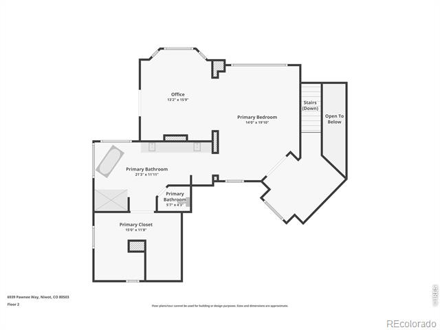 Second-floor plan showing the primary bedroom, office, bathroom, closet, stairs, and open-to-below area.