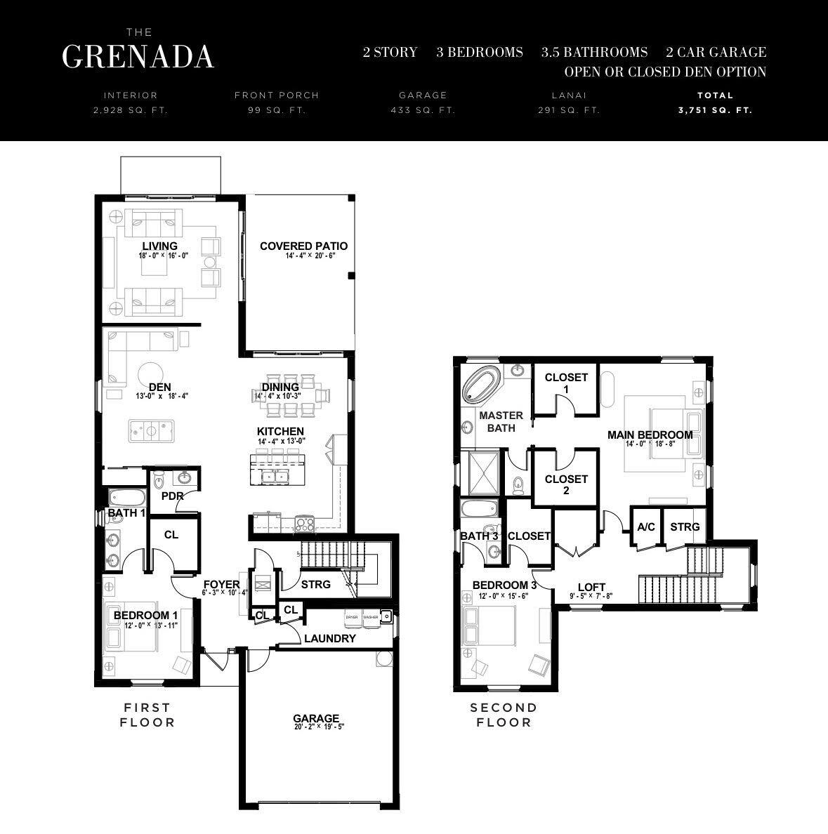 Two-story Grenada floor plan showing the first-floor living areas and garage, and second-floor bedrooms and loft.