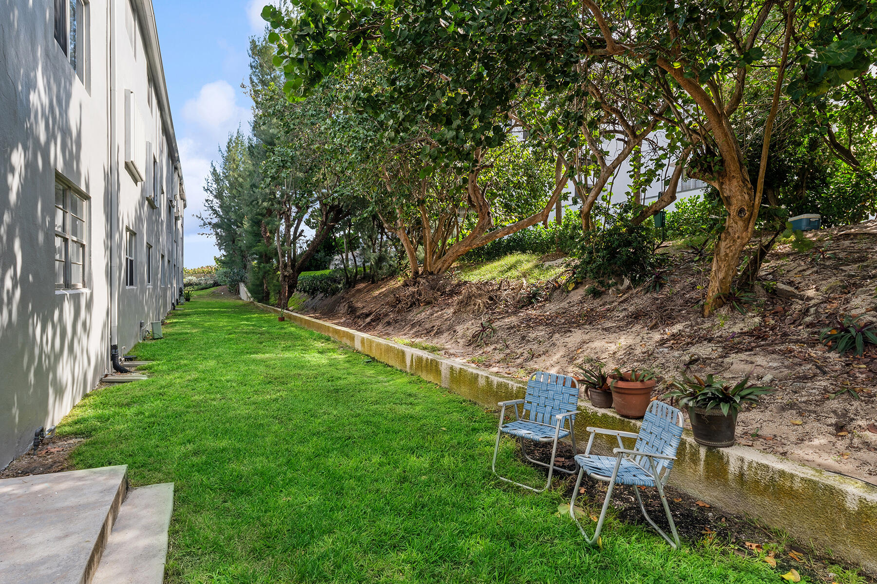 Residential building beside a narrow lawn, shaded trees, and two blue woven chairs.