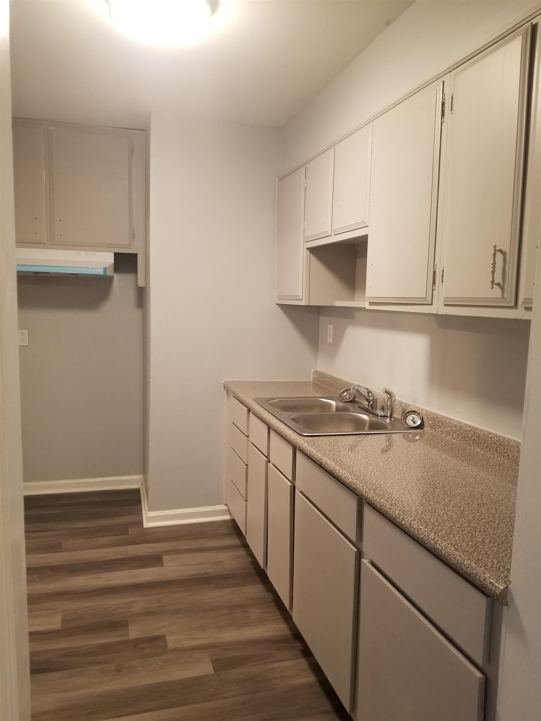 Vacant kitchen with white cabinets, a double sink, speckled counters, and wood-look flooring.