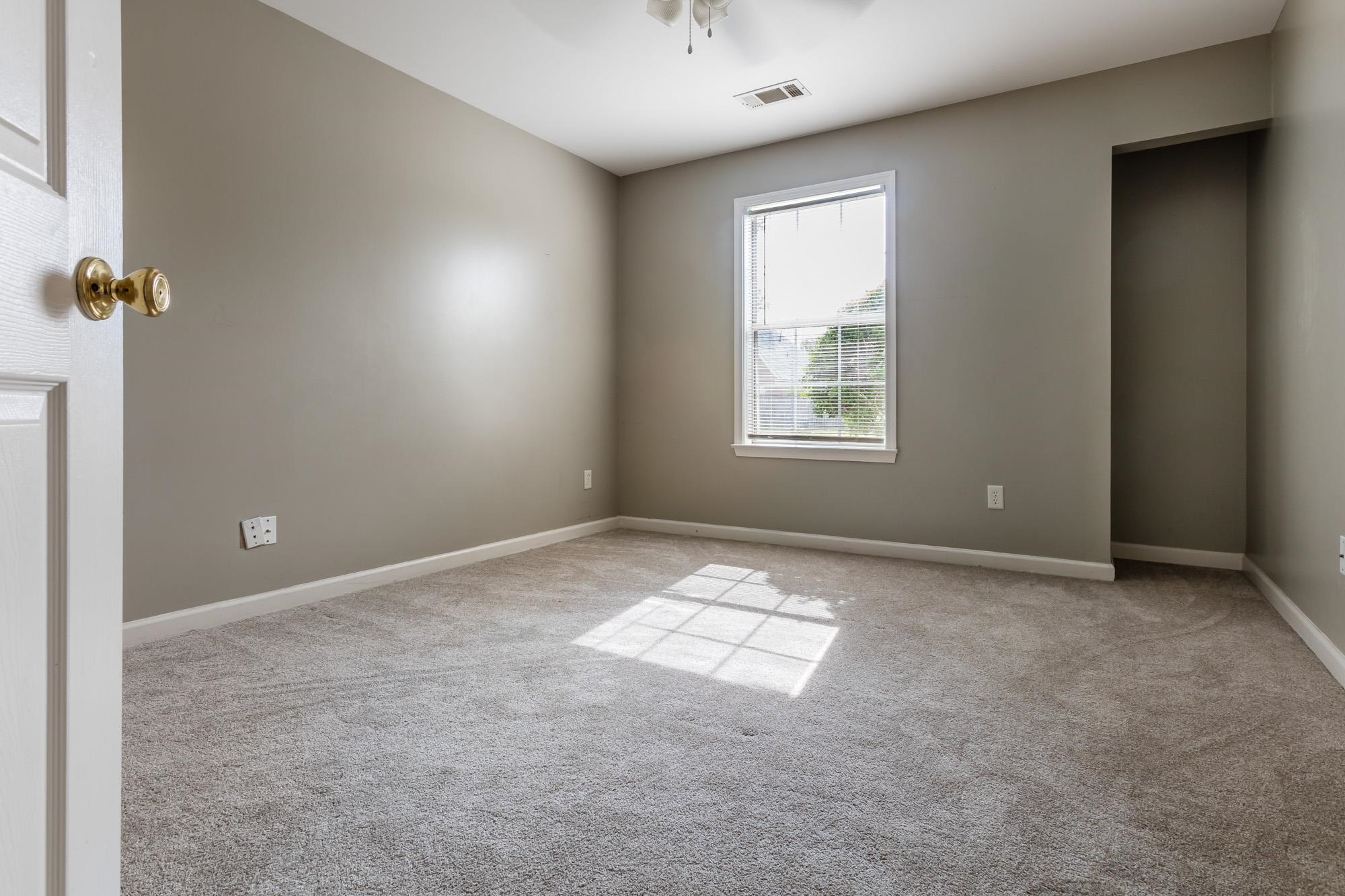 Empty carpeted room with taupe walls and sunlight streaming through a window.