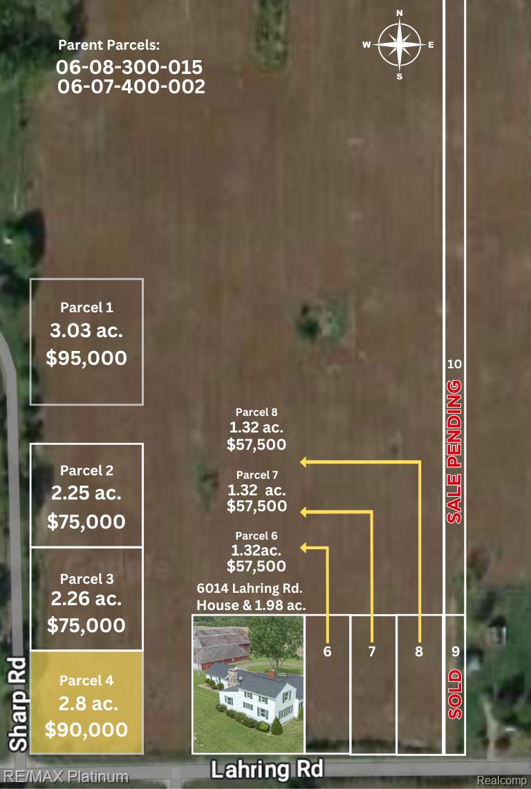 Aerial parcel map showing numbered lots, acreage and prices along Sharp Road and Lahring Road.