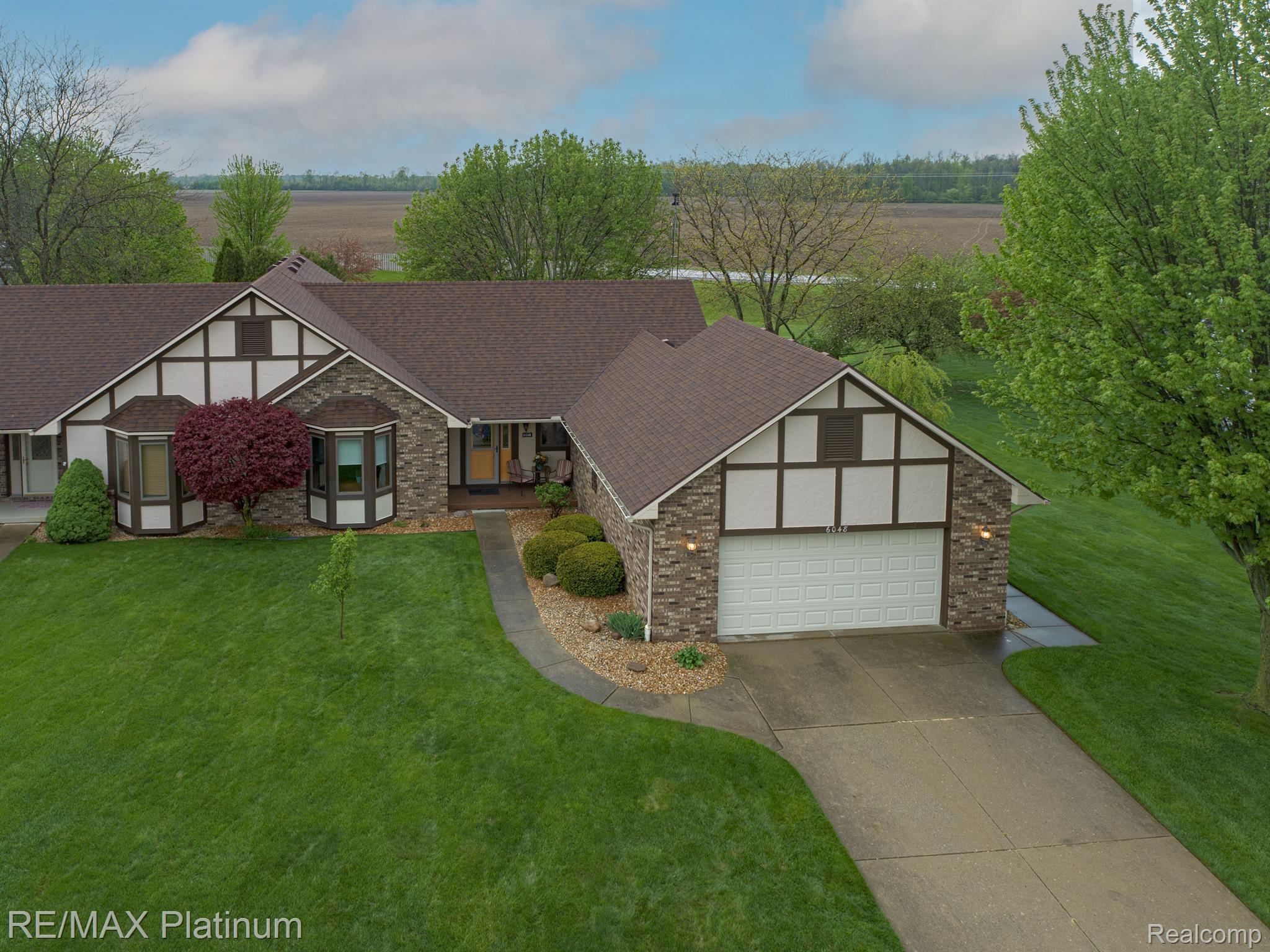 Tudor-style brick and stucco home with a two-car garage, curved driveway, and broad lawn.