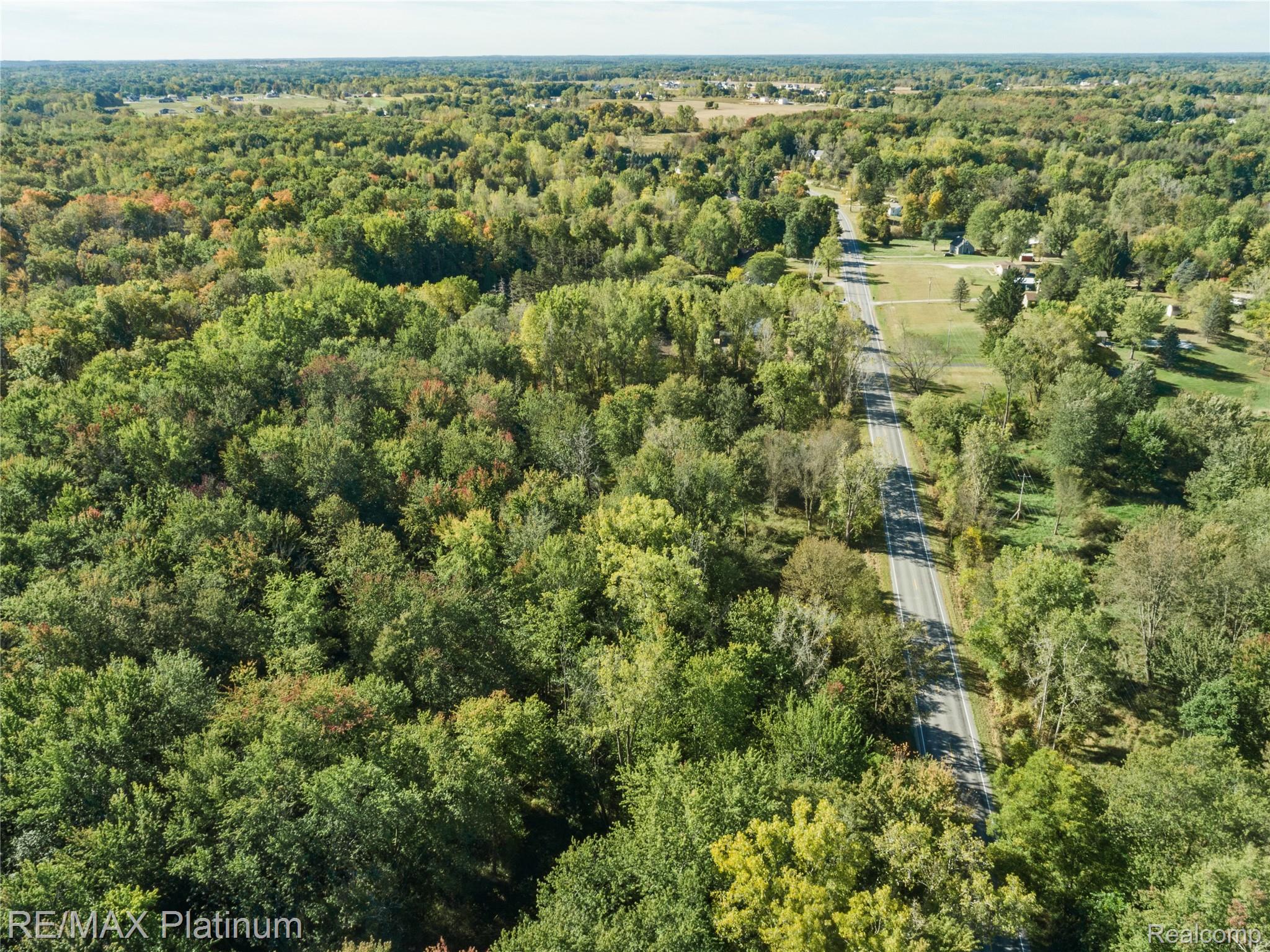 Aerial view of dense woodland beside a rural road, with scattered homes and early autumn foliage.