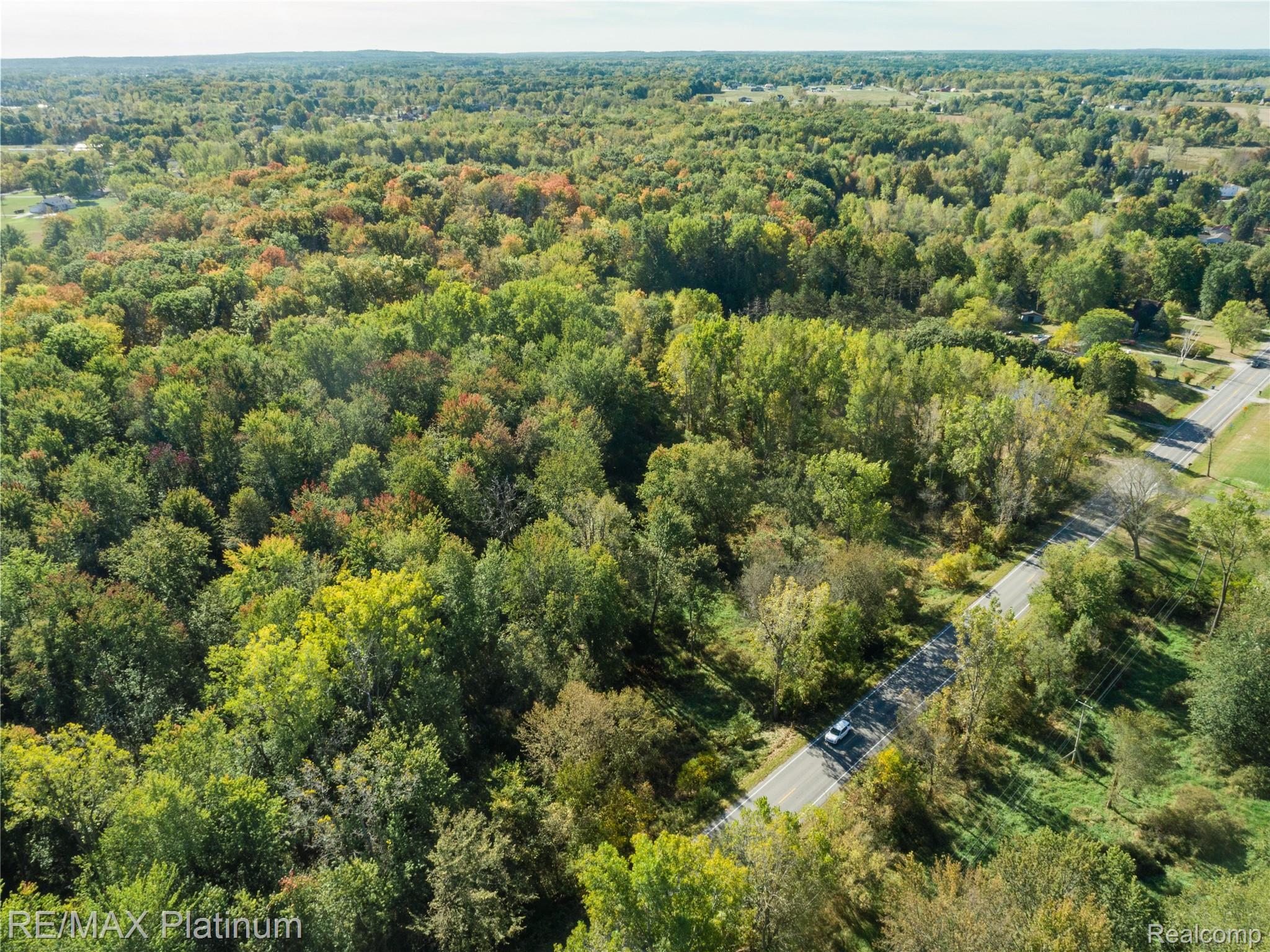 Aerial view of wooded land with mixed autumn foliage beside a paved road.