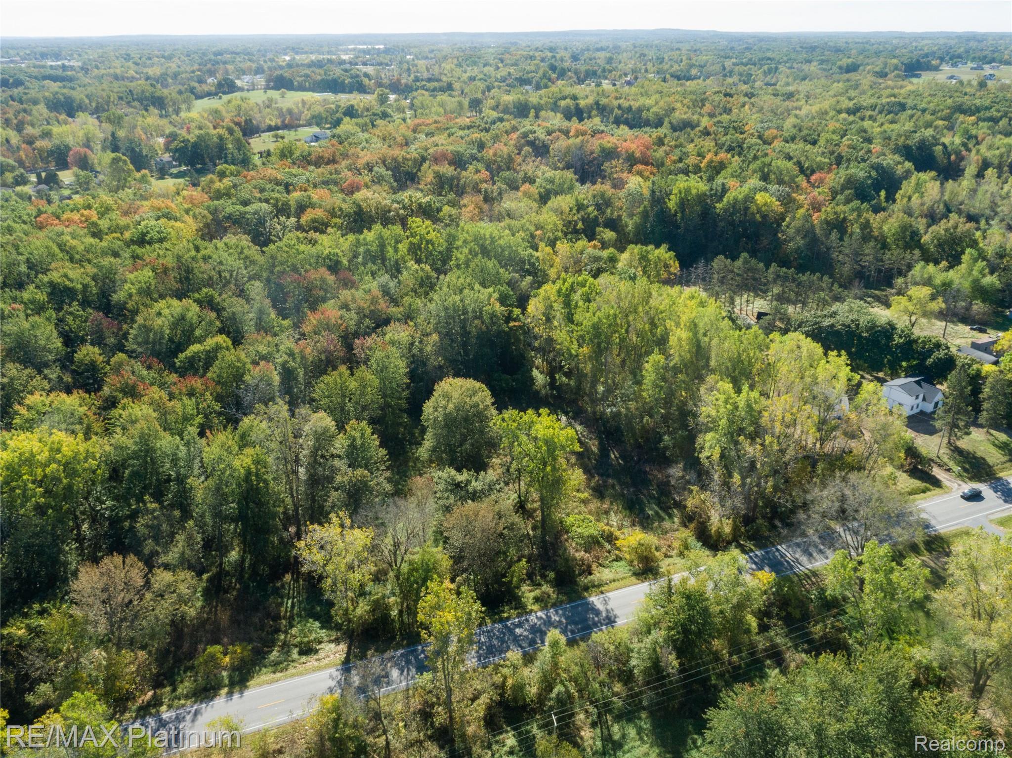 Aerial view of a wooded property bordering a paved road, with scattered homes nearby.