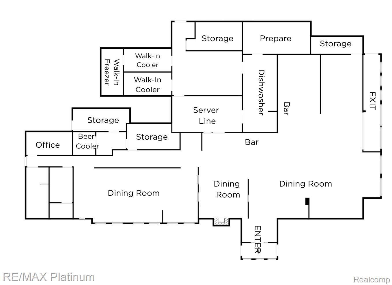 Floor plan showing dining rooms, bars, kitchen service areas, storage, office, entrance, and exit.