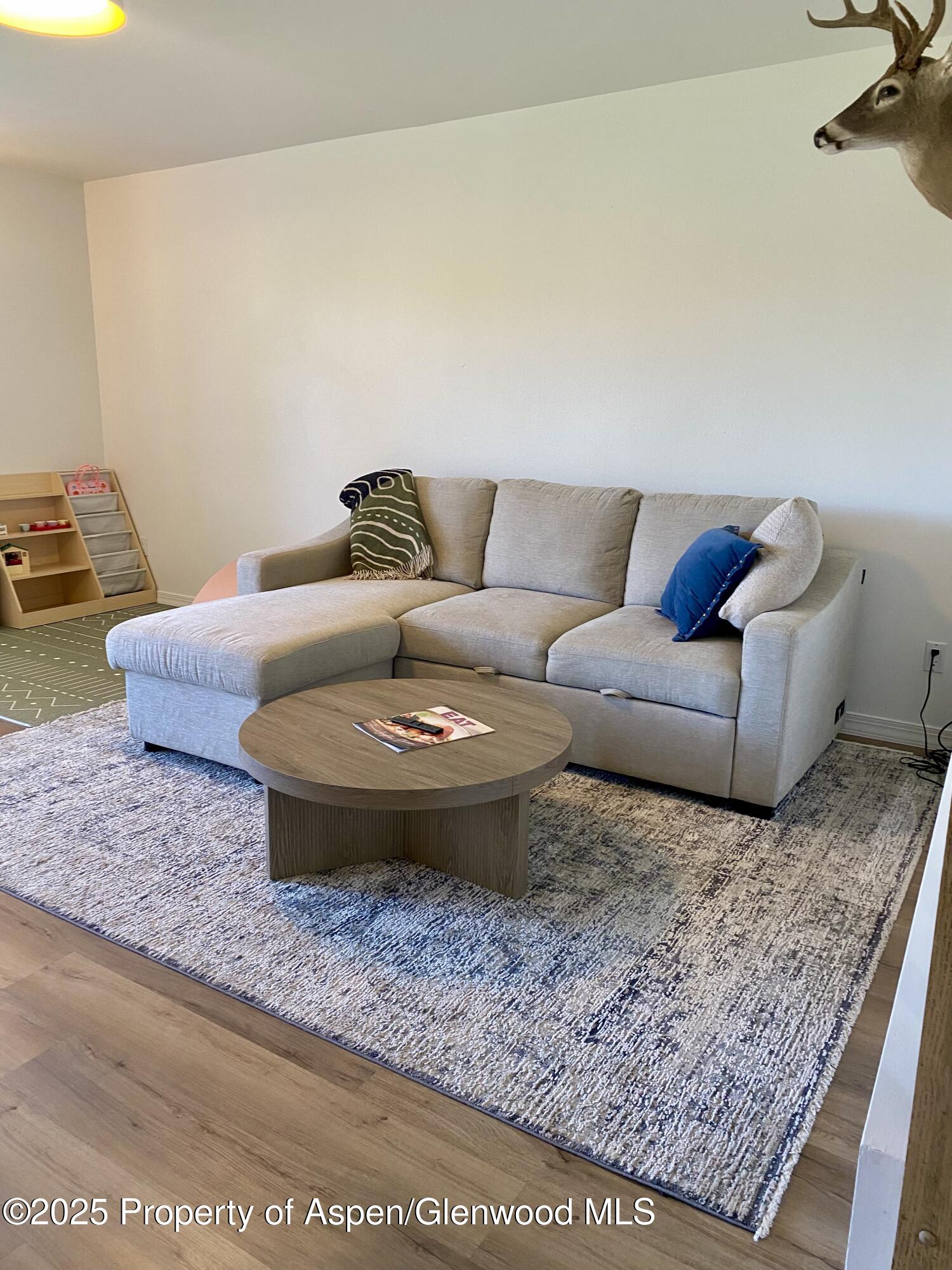 Living room with a gray sectional, round wood coffee table, patterned rug, and children’s play area.