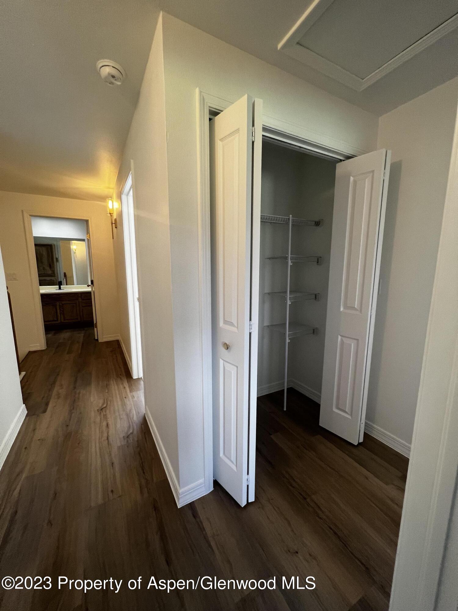 Hallway with an open wire-shelved closet and dark wood-look flooring; a vanity is visible beyond.