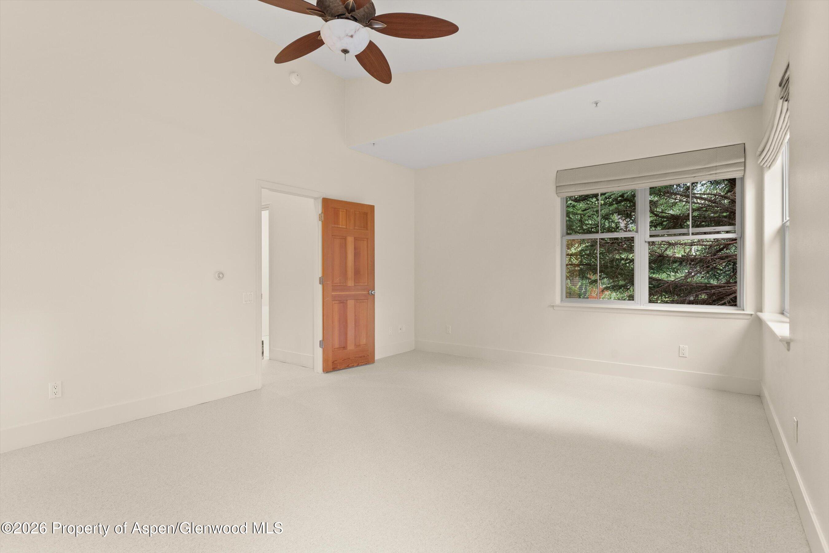 Empty carpeted bedroom with a wood-paneled door, ceiling fan, and window overlooking trees.