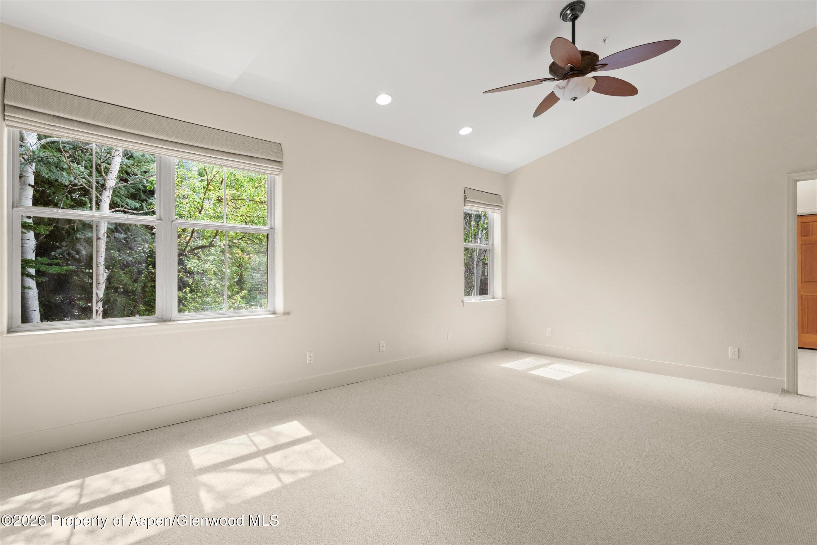 Vacant carpeted room with a ceiling fan and windows overlooking leafy trees.