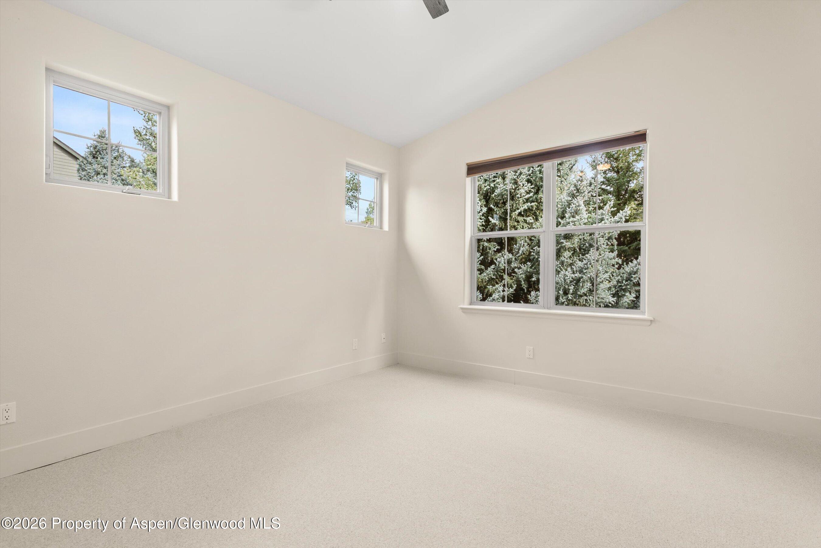 Empty carpeted bedroom with three windows overlooking evergreen trees.