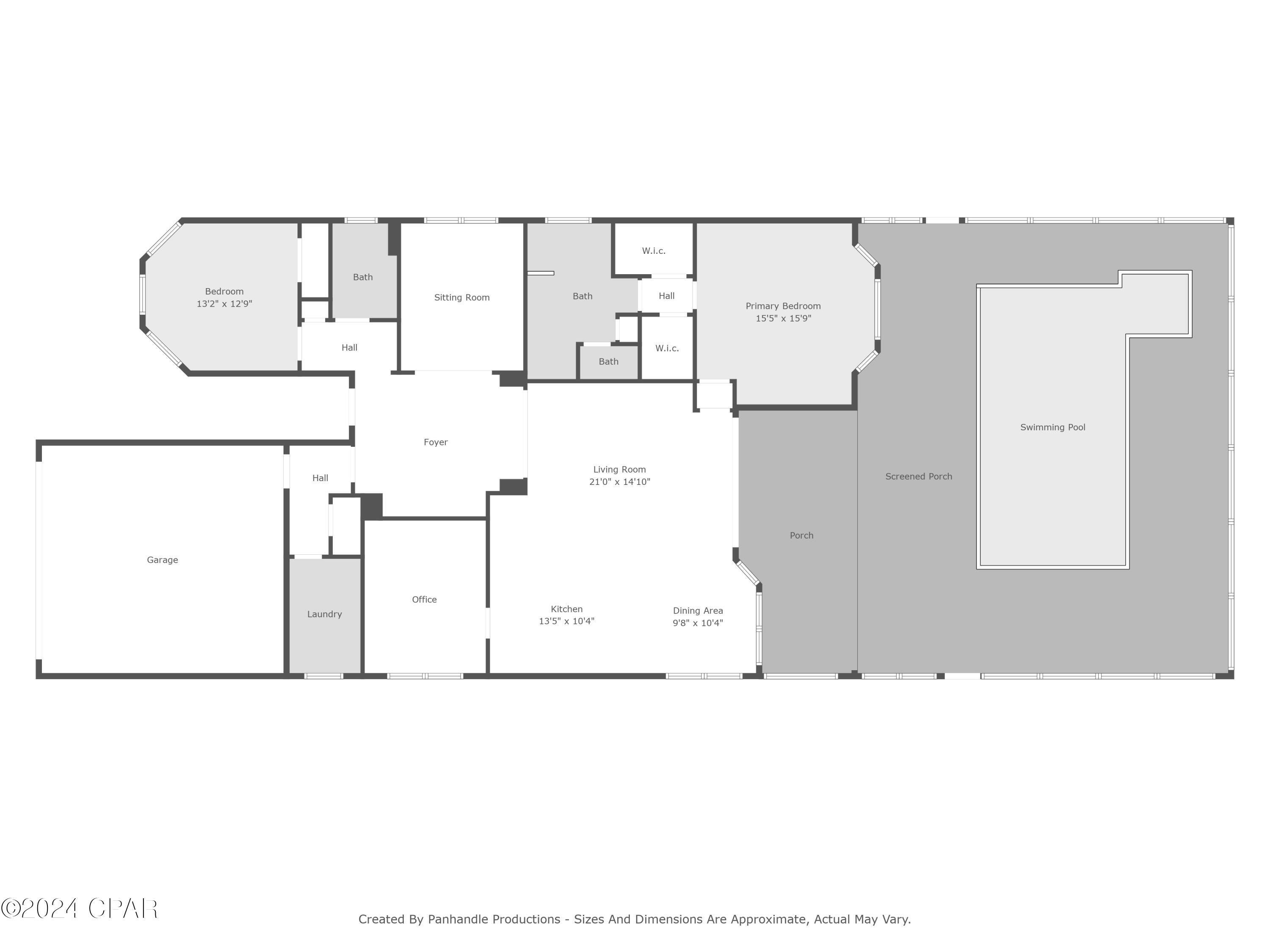 Floor plan showing bedrooms, living spaces, garage, screened porch, and swimming pool.