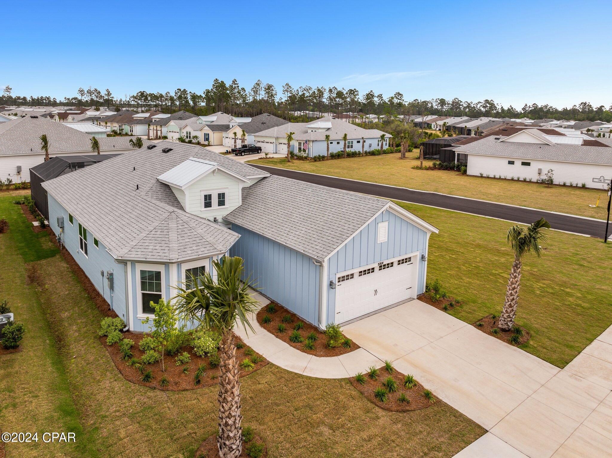 Aerial view of a blue house with a white garage, palm trees, and landscaped yard.