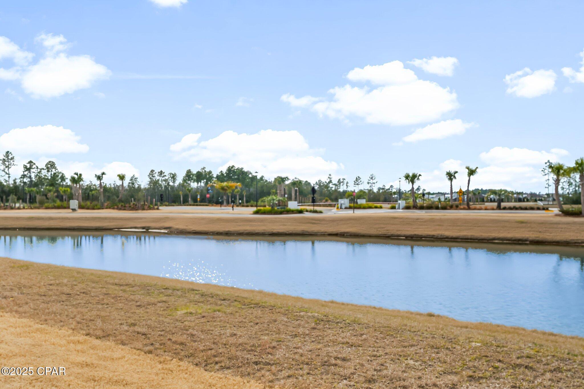 Community pond with palm trees and a landscaped entrance across the water.